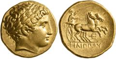 Greek KINGS OF MACEDON. Philip II, 359-336 BC. Stater (Gold, 18 mm, 8.61 g, 12 h), Pella, struck under Philip II or Alexander III, circa 340-328. Laureate head of Apollo to right. Rev. ΦΙΛΙΠΠOY Chario