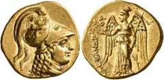 Greek KINGS OF MACEDON. Alexander III ‘the Great’, 336-323 BC. Stater (Gold, 18 mm, 8.60 g, 9 h), Tarsos, struck under Balakros or Menes, circa 332/1-328/7. Head of Athena to right, wearing Corinthian