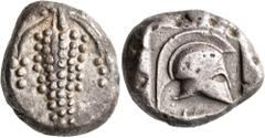 Greek ISLANDS OFF THESSALY, Peparethos. Circa 500 BC. Tetradrachm (Silver, 24 mm, 16.51 g, 10 h), Attic standard. Triple grape-cluster. Rev. Crested Corinthian helmet to right within incuse square. J.