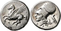 Greek CORINTHIA. Corinth. Circa 375-300 BC. Stater (Silver, 21 mm, 8.61 g, 1 h). Ϙ Pegasus flying left. Rev. Head of Athena to left, wearing laureate Corinthian helmet; below, A-P; behind neckguard, e