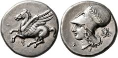 Greek CORINTHIA. Corinth. Circa 375-300 BC. Stater (Silver, 21 mm, 8.55 g, 12 h). Ϙ Pegasus flying left. Rev. Head of Athena to left, wearing laureate Corinthian helmet; below chin and neck, A-P; behi