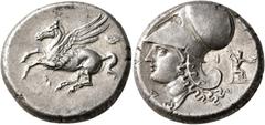 Greek CORINTHIA. Corinth. Circa 375-300 BC. Stater (Silver, 20 mm, 8.61 g, 7 h). Ϙ Pegasus flying left. Rev. Head of Athena to left, wearing Corinthian helmet; before, Δ; behind neckguard, I and Zeus 