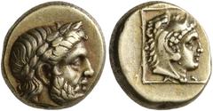 Greek LESBOS. Mytilene. Circa 377-326 BC. Hekte (Electrum, 11 mm, 2.53 g, 12 h), circa 333-326. Laureate head of Zeus to right. Rev. Head of Herakles to right, wearing lion skin headdress, within line