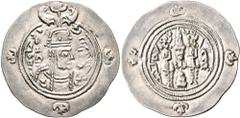 Central Asian SASANIAN KINGS. Boran, 630-631. Drachm (Silver, 32 mm, 4.14 g, 4 h), SK mint (Sakestan), RY 3 = 631. Bust of Queen Boran to right, wearing elaborate crown with two wings and korymbos set