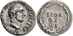 Roman Imperial Vitellius, 69. Denarius (Silver, 18 mm, 3.22 g, 6 h), Rome, late April-20 December 69. A VITELLIVS GERMAN IMP TR P Laureate head of Vitellius to right. Rev. S P Q R / OB / C S within oa