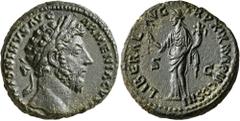 Roman Imperial Marcus Aurelius, 161-180. As (Copper, 25 mm, 11.84 g, 6 h), Rome, 164-165. M ANTONINVS AVG ARMENIACVS P M Laureate head of Marcus Aurelius to right. Rev. LIBERAL AVG TR P XIX IMP II COS