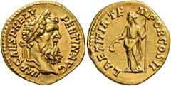 Roman Imperial Pertinax, 193. Aureus (Gold, 21 mm, 7.31 g, 6 h), Rome, 1 January-28 March 193. IMP CAES P HELV PERTIN•AVG Laureate head of Pertinax to right. Rev. LAETITIA•TEMPOR COS II Laetitia stand