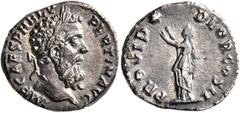 Roman Imperial Pertinax, 193. Denarius (Silver, 17 mm, 2.67 g, 7 h), Rome, 1 January-28 March 193. IMP CAES P HELV PERTIN AVG Laureate head of Pertinax to right. Rev. PROVID DEOR COS II Providentia st