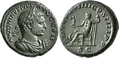 Roman Imperial Caracalla, 198-217. As (Copper, 26 mm, 12.68 g, 1 h), Rome, 216. ANTONINVS PIVS AVG GERM Laureate, draped and cuirassed bust of Caracalla to right. Rev. P M TR P XVIIII COS IIII P P Jup
