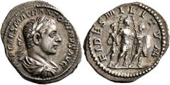 Roman Imperial Elagabalus, 218-222. Denarius (Silver, 20 mm, 2.99 g, 11 h), Rome, 218-219. IMP CAES M AVR ANTONINVS AVG Laureate, draped and cuirassed bust of Elagabalus to right, seen from behind. Re