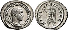 Roman Imperial Gordian II, 238. Denarius (Silver, 21 mm, 3.45 g, 12 h), Rome, March-April 238. IMP M ANT GORDIANVS AFR AVG Laureate, draped and cuirassed bust of Gordian II to right, seen from behind.