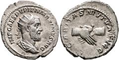 Roman Imperial Pupienus, 238. Antoninianus (Silver, 24 mm, 4.57 g, 12 h), Rome, circa April-June 238. IMP CAES PVPIEN MAXIMVS AVG Radiate, draped and cuirassed bust of Pupienus to right, seen from beh