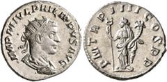 Roman Imperial Philip II, 247-249. Antoninianus (Silver, 21 mm, 4.51 g, 6 h), Antiochia, 247. IMP M IVL PHILIPPVS AVG Radiate, draped and cuirassed bust of Philip II to right, seen from behind. Rev. P