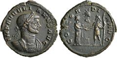 Roman Imperial Aurelian, 270-275. Sestertius (Bronze, 25 mm, 6.00 g, 12 h), Rome, January-September 275. IMP AVRELIANVS AVG Laureate and cuirassed bust of Aurelian to right. Rev. CONCORDIA AVG Severin