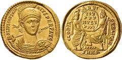 Roman Imperial Constantius II, 337-361. Solidus (Gold, 22 mm, 4.57 g, 12 h), Nicomedia, 351-355. FL IVL CONSTAN-TIVS PERP AVG Pearl-diademed, helmeted and cuirassed bust of Constantius II facing, his 