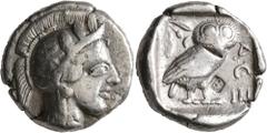 Greek ATTICA. Athens. Circa 430s BC. Tetradrachm (Silver, 24 mm, 17.13 g, 1 h). Head of Athena to right, wearing crested Attic helmet decorated with three olive leaves and palmette. Rev. AΘE Owl stand