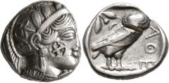 Greek ATTICA. Athens. Circa 430s-420s BC. Tetradrachm (Silver, 24 mm, 17.08 g, 8 h). Head of Athena to right, wearing crested Attic helmet decorated with three olive leaves and palmette; on cheek, cou