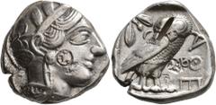 Greek ATTICA. Athens. Circa 420s-404 BC. Tetradrachm (Silver, 24 mm, 17.05 g, 9 h). Head of Athena to right, wearing crested Attic helmet decorated with three olive leaves and palmette; on cheek, two 