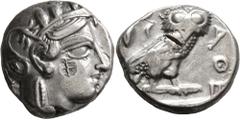 Greek ATTICA. Athens. Circa 420s-404 BC. Tetradrachm (Silver, 23 mm, 17.25 g, 8 h). Head of Athena to right, wearing crested Attic helmet decorated with three olive leaves and palmette; on cheek, coun