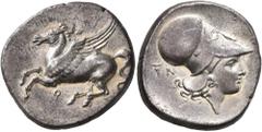 Greek CORINTHIA. Corinth. Circa 375-300 BC. Stater (Silver, 23 mm, 8.46 g, 11 h). Ϙ Pegasus flying left. Rev. Head of Athena to left, wearing Corinthian helmet; behind neckguard, boukranion and N. BCD