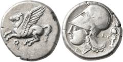 Greek CORINTHIA. Corinth. Circa 375-300 BC. Stater (Silver, 20 mm, 8.61 g, 2 h). Ϙ Pegasus flying left. Rev. Head of Athena to left, wearing Corinthian helmet; below chin, A; behind neckguard, Λ and t