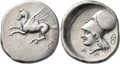 Greek CORINTHIA. Corinth. Circa 375-300 BC. Stater (Silver, 22 mm, 8.53 g, 12 h). Ϙ Pegasus flying left. Rev. Head of Athena to left, wearing Corinthian helmet; below, A-Λ; behind neckguard, wheel. BC