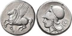 Greek CORINTHIA. Corinth. Circa 375-300 BC. Stater (Silver, 20 mm, 8.54 g, 12 h). Ϙ Pegasus flying left. Rev. Head of Athena to left, wearing Corinthian helmet; below chin, Λ; behind neckguard, dove f