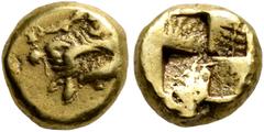 Greek MYSIA. Kyzikos. Circa 550-450 BC. Hemihekte – 1/12 Stater (Electrum, 8 mm, 1.28 g). Dionysos seated left, holding kantharos in his right hand; below, tunny to left. Rev. Quadripartite incuse squ