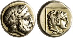 Greek LESBOS. Mytilene. Circa 377-326 BC. Hekte (Electrum, 10 mm, 2.54 g, 12 h), circa 333-326. Laureate head of Zeus to right. Rev. Head of Herakles to right, wearing lion skin headdress, within line
