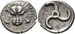 Greek DYNASTS OF LYCIA. Perikles, circa 380-360 BC. 1/3 Stater (Silver, 16 mm, 2.70 g). Facing lion's scalp. Rev. 𐊓𐊁𐊕-𐊆𐊋-𐊍𐊁 ('Perikle' in Lycian) Triskeles. BMC 157. SNG von Aulock 4255. Struck