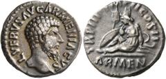 Roman Imperial Lucius Verus, 161-169. Denarius (Silver, 17 mm, 3.52 g, 7 h), Rome, autumn-December 163. L VERVS AVG ARMENIACVS Bare head of Lucius Verus to right. Rev. TR P III IMP II COS II / ARMEN A