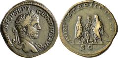 Roman Imperial Geta, 209-211. Sestertius (Orichalcum, 31 mm, 27.35 g, 12 h), Rome, 210. IMP CAES P SEPT GETA PIVS AVG Laureate head of Geta to right, with slight drapery on his left shoulder. Rev. PON