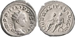 Roman Imperial Philip II, 247-249. Antoninianus (Silver, 22 mm, 4.36 g, 1 h), Rome. IMP PHILIPPVS AVG Radiate, draped and cuirassed bust of Philip II to right, seen from behind. Rev. LIBERALITAS AVGG 