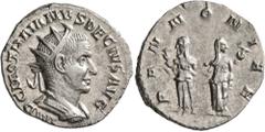 Roman Imperial Trajan Decius, 249-251. Antoninianus (Silver, 20 mm, 4.12 g, 1 h), Rome. IMP C M Q TRAIANVS DECIVS AVG Radiate and cuirassed bust of Decius to right, seen from behind. Rev. PANNONIAE Th