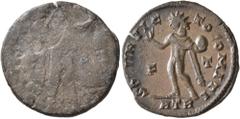 Roman Imperial Constantine I (?), 307/310-337. Follis (Bronze, 19 mm, 3.20 g, 2 h), uniface mint error, Treveri, 317-318. blank. Rev. SOLI INVIC-TO COMITI / F - T / ATR Sol standing front, head to lef
