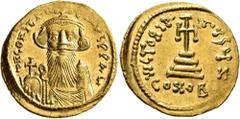 Byzantine Constans II, 641-668. Solidus (Gold, 21 mm, 4.51 g, 6 h), Constantinopolis, 651-654. δ N CONSTANTINЧS P P AV Crowned and draped bust of Constans II facing, with long beard and moustache, hol