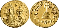 Byzantine Constans II, with Constantine IV, 641-668. Solidus (Gold, 21 mm, 4.46 g, 7 h), Constantinopolis, 654-659. δ N CONSTANTINЧS C CONSTAI Crowned and draped bust of Constans facing, with long bea