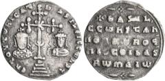Byzantine Basil II Bulgaroktonos, with Constantine VIII, 976-1025. Miliaresion (Silver, 22 mm, 2.32 g, 1 h), Constantinopolis, 977-989. ЄҺ TUVTω ҺICAT' baSILЄI C CωҺST' Cross crosslet with central X a