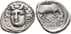 An old Swiss collection THESSALY. Larissa. Circa 356-342 BC. Drachm (Silver, 20 mm, 6.00 g, 6 h). Head of the nymph Larissa facing slightly to left, wearing ampyx, pendant earring and necklace. Rev. [