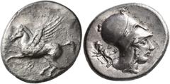 An old Swiss collection CORINTHIA. Corinth. Circa 400-375 BC. Stater (Silver, 22 mm, 8.33 g, 2 h). Ϙ Pegasus flying left. Rev. Head of Athena to right, wearing Corinthian helmet; behind neckguard, ΕΥ 