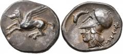 An old Swiss collection CORINTHIA. Corinth. Circa 400-375 BC. Stater (Silver, 24 mm, 8.39 g, 6 h). Ϙ Pegasus flying left. Rev. Head of Athena to left, wearing Corinthian helmet; to left, dolphin; behi