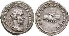 An old Swiss collection Pupienus, 238. Antoninianus (Silver, 22 mm, 5.12 g, 12 h), Rome, circa April-June 238. IMP CAES PVPIEN MAXIMVS AVG Radiate, draped and cuirassed bust of Pupienus to right, seen