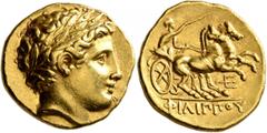 Greek KINGS OF MACEDON. Philip II, 359-336 BC. Stater (Gold, 19 mm, 8.60 g, 10 h), Pella. Struck under Philip II or Alexander III, circa 340-328. Laureate head of Apollo to right. Rev. ΦΙΛΙΠΠOY Chario