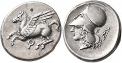 Greek CORINTHIA. Corinth. Circa 375-300 BC. Stater (Silver, 22 mm, 8.58 g, 10 h). Ϙ Pegasus flying left. Rev. Head of Athena to left, wearing Corinthian helmet; behind neckguard, Ε and bow. BCD Corint