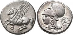 Greek CORINTHIA. Corinth. Circa 375-300 BC. Stater (Silver, 21 mm, 8.43 g, 12 h). Ϙ Pegasus flying left. Rev. Head of Athena to left, wearing Corinthian helmet; below chin, Γ; behind neckguard, dove f