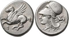 Greek CORINTHIA. Corinth. Circa 375-300 BC. Stater (Silver, 21 mm, 8.61 g, 1 h). Ϙ Pegasus flying left. Rev. Head of Athena to left, wearing laureate Corinthian helmet; below, A-P; behind neckguard, c