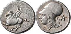Greek CORINTHIA. Corinth. Circa 375-300 BC. Stater (Silver, 22 mm, 8.56 g, 5 h). Ϙ Pegasus flying left. Rev. Head of Athena to left, wearing Corinthian helmet with neckguard with mailed surface; befor