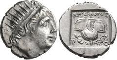 Greek ISLANDS OFF CARIA, Rhodos. Rhodes. Circa 88-84 BC. Drachm (Silver, 14 mm, 2.48 g, 1 h), 'Plinthophoric' coinage, Nikephoros, magistrate. Radiate head of Helios to right. Rev. ΝΙΚΗΦΟΡΟΣ / P - O R