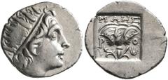 Greek ISLANDS OFF CARIA, Rhodos. Rhodes. Circa 88-84 BC. Drachm (Silver, 16 mm, 2.08 g, 11 h), 'Plinthophoric' coinage, Maes, magistrate. Radiate head of Helios to right. Rev. ΜΑΗΣ / P - O Rose with b