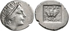 Greek ISLANDS OFF CARIA, Rhodos. Rhodes. Circa 88-84 BC. Drachm (Silver, 16 mm, 2.58 g, 12 h), 'Plinthophoric' coinage, Maes, magistrate. Radiate head of Helios to right. Rev. ΜΑΗΣ / P - O Rose with b
